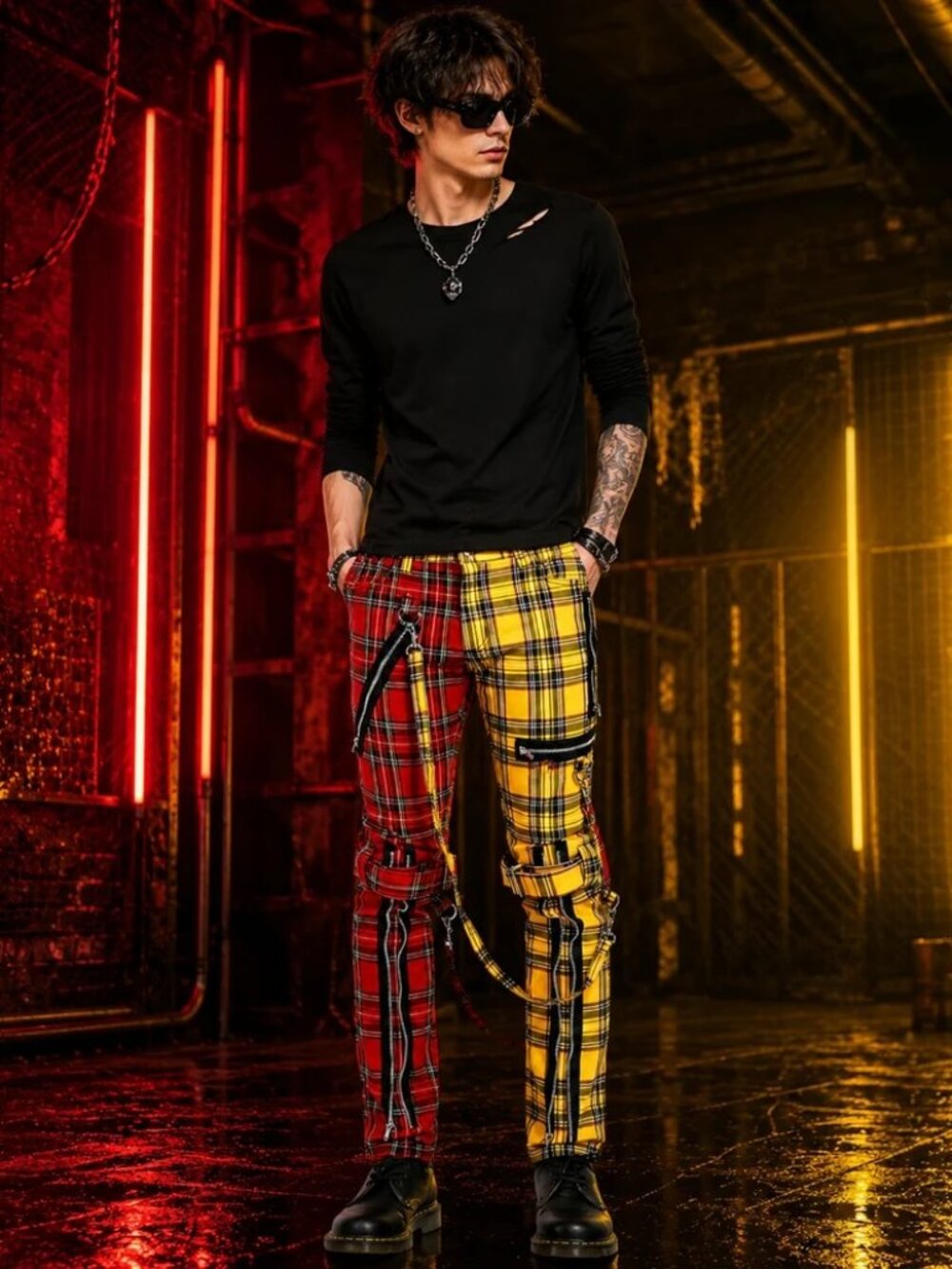 Men Bondage Straps Punk Split Leg Plaid Jeans Pant Alternative Rebel Red/Yellow